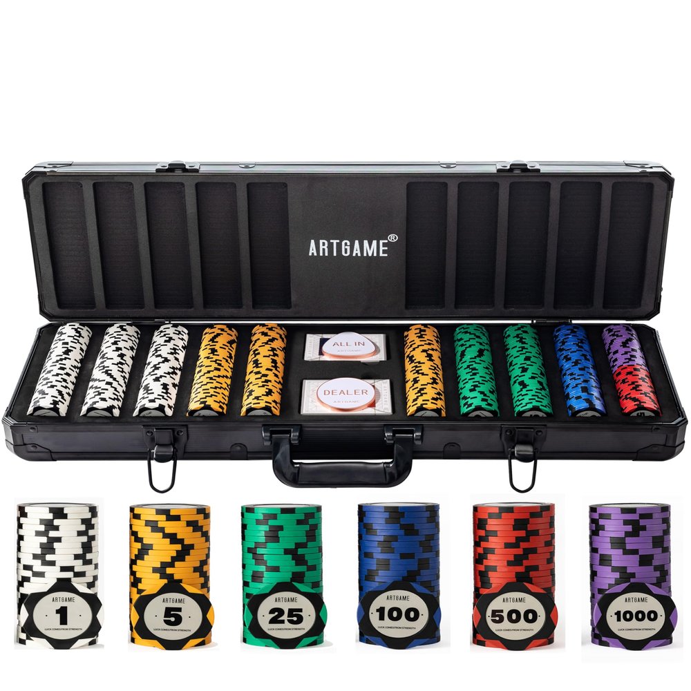 ARTGAME 14 Gram Clay Poker Chip Set for Texas Holdem, 500 Pcs Casino Style Chips, with K-Type Aluminum Case and Dealer Buttons.