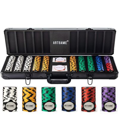 ARTGAME 14 Gram Clay Poker Chip Set for Texas Holdem, 500Pcs Casino Style Chips, with K-Type Aluminum Case and Dealer Buttons.