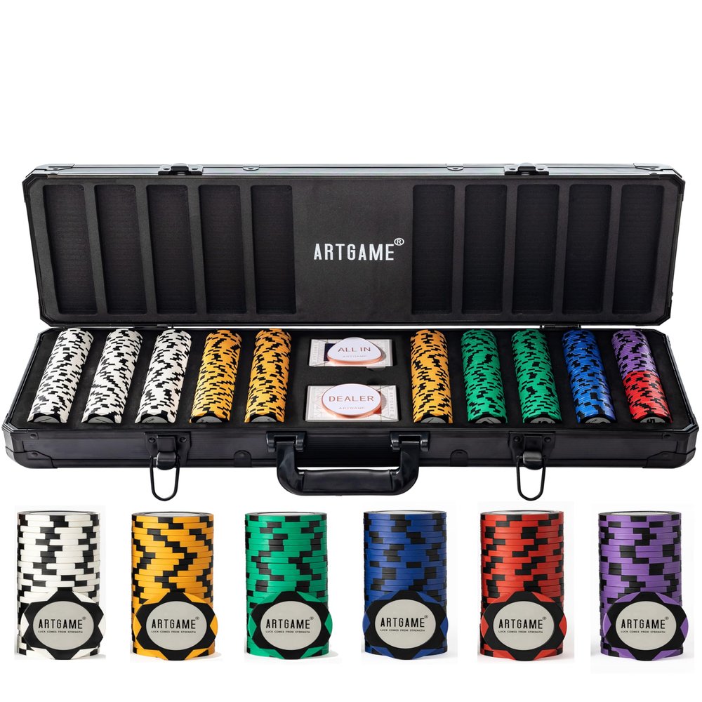 ARTGAME 14 Gram Clay Poker Chip Set for Texas Holdem, 500Pcs Casino Style Chips, with K-Type Aluminum Case and Dealer Buttons.