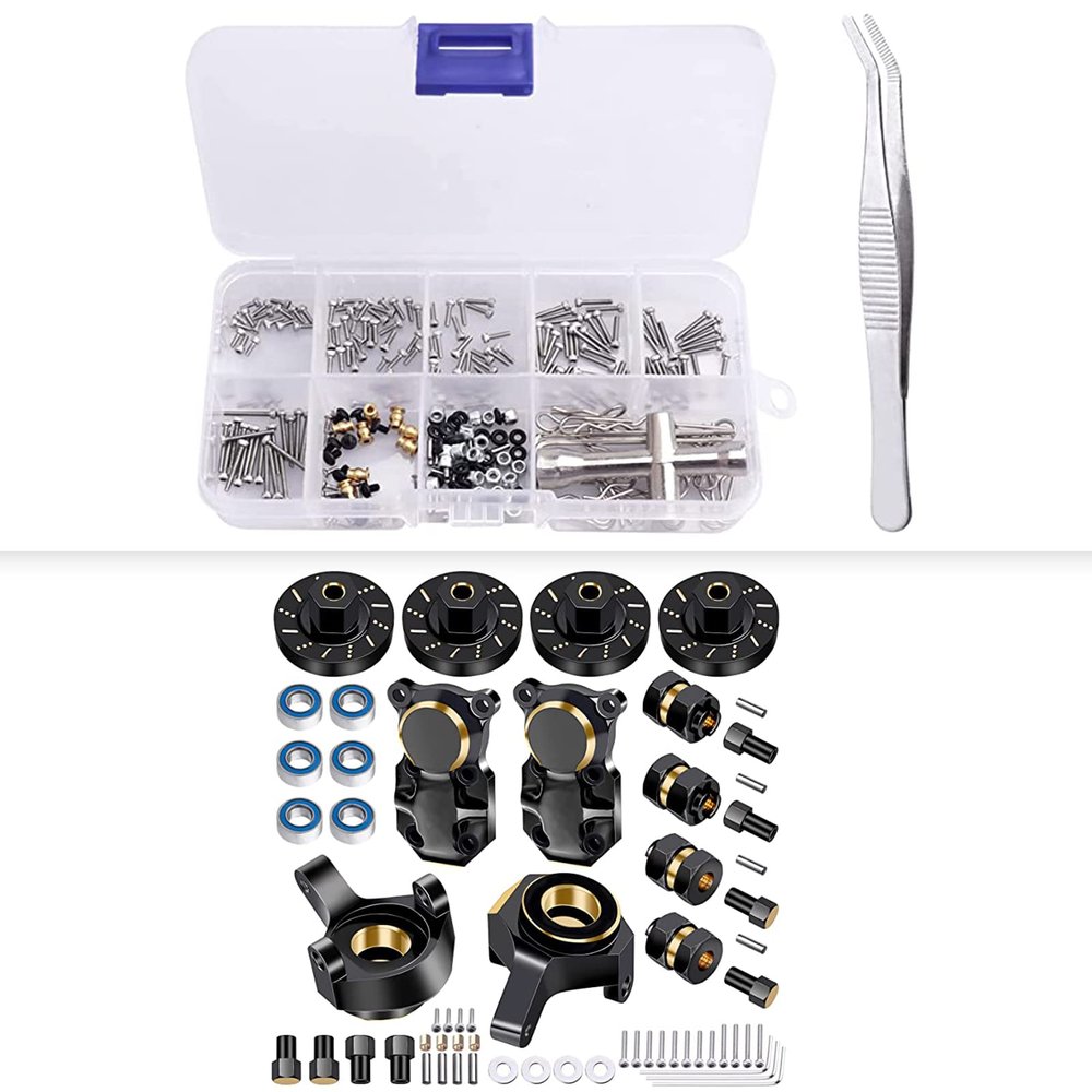 AllinRC SCX24 Brass Steering Knuckles Wheel Weights Extended Hex Adapter Front Rear Diff Cover M1.4 RC Screw Kit (271pcs) for Axial 1/24 SCX24 Upgrades