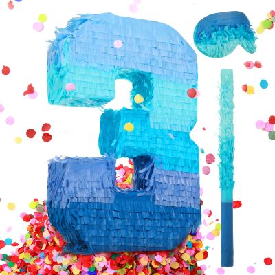 Sratte Number 1 2 3 4 5 6 7 8 9 Piata with Stick Blindfold Confetti, Gradient Blue Piata for Kids Boys Girls Birthday Party Anniversary Decorations Supplies(Number 3)