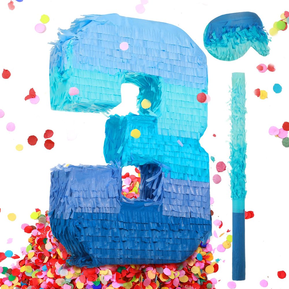 Sratte Number 1 2 3 4 5 6 7 8 9 Piata with Stick Blindfold Confetti, Gradient Blue Piata for Kids Boys Girls Birthday Party Anniversary Decorations Supplies(Number 3)
