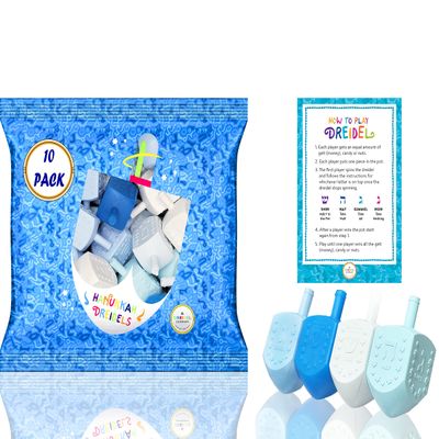 The Dreidel Company 10-Pack Hanukkah Blue and White Plastic Pastel Colored Dreidel, for Children, Boys and Girls, Party Favors (10-Pack)