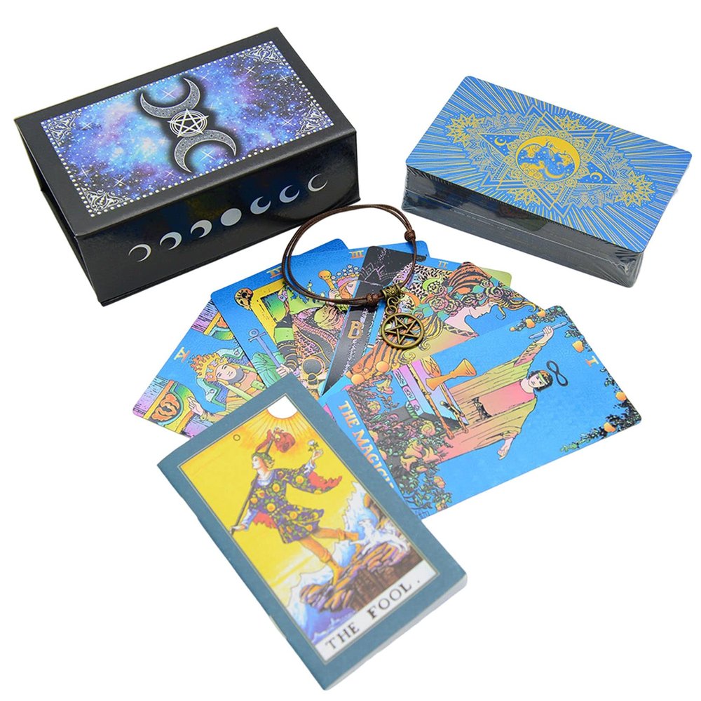 Jayiaine Tarot Cards Deck, with Guidebook Divination Discoloration Water Proof Cards, Fortune Telling Game Set for Family Reunion Beginners Expert Readers for Christmas Birthday, Blue