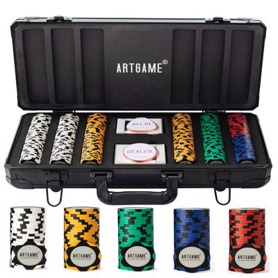 ARTGAME 14 Gram Clay Poker Chip Set for Texas Holdem, 300Pcs Casino Style Chips, with K-Type Aluminum Case and Dealer Buttons.