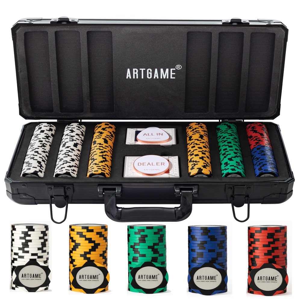 ARTGAME 14 Gram Clay Poker Chip Set for Texas Holdem, 300Pcs Casino Style Chips, with K-Type Aluminum Case and Dealer Buttons.
