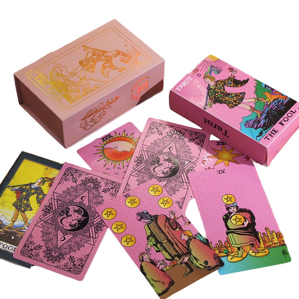 Jayiaine Tarot Cards Deck, with Guidebook Divination Discoloration Water Proof Cards, Fortune Telling Game Set for Family Reunion Beginners Expert Readers for Christmas Birthday, Pink2
