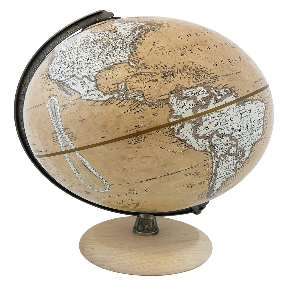 Bowden 9" Diameter Globe, USA Cartography with Mountain Relief, Black Hard Wood Natural Base and Antique Designer Ocean Globe Ball. The Bowden Designer Globe combines the stylings of the classic antique ocean globe with clean white land masses. It in