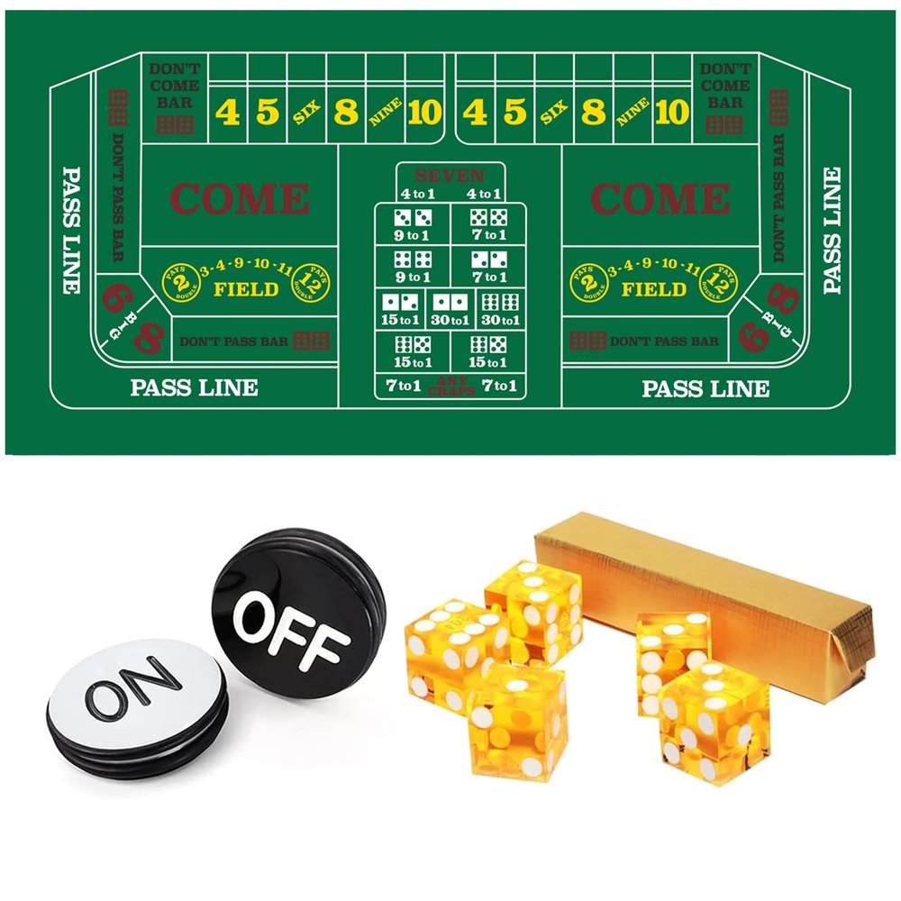 GSE Games & Sports Expert Craps Table Top Game Set, Including A Craps Layout Felt, 5 Casino Dice and A Craps ON/Off Poker Button for Craps Games, Casino Games