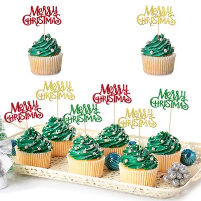 24 Pack Red Merry Christmas Cupcake Toppers Glitter Christmas Holiday Cupcake Picks Merry Christmas Xmas Theme Party Cake Decorations Supplies