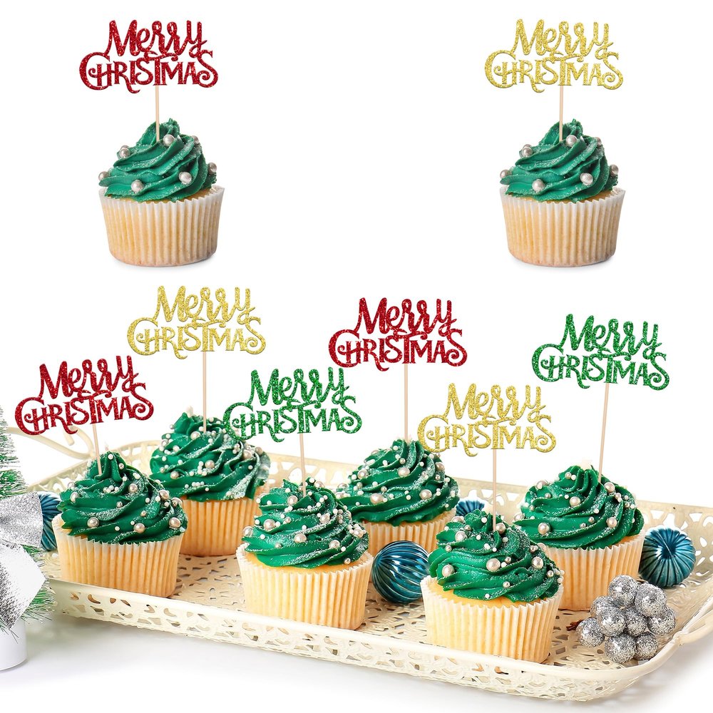 24 Pack Red Merry Christmas Cupcake Toppers Glitter Christmas Holiday Cupcake Picks Merry Christmas Xmas Theme Party Cake Decorations Supplies