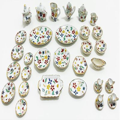 Ceramic Kitchen Set Small Size for Kids and Decoration Handmade Dinner Set Expands Children's Cognition and Teach Kids The Social Life Set Size 1 (B)