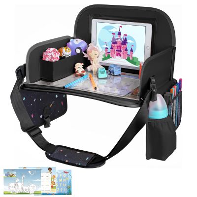 MENZOKE Kids Travel Tray, Road Trip Activities for Kids with Dry Erase Board & Cooler Cup Holder, Toddler Car Activities with No-Drop iPad Holder Stand, Roadtrip Essentials for Toddlers, Black