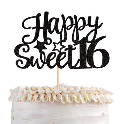 1 Pack Happy Sweet 16 Cake Topper Glitter 16th Birthday Cake Pick for Cheers to 16 Years Old 16th Birthday Party Cake Decorations Supplies Black