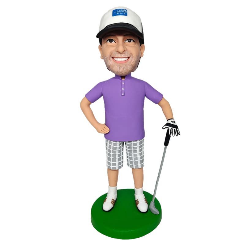 Mydedor Custom Bobble Heads Figures Male Golfer with Purple Polo T-Shirt Figurines Customized Doll, Handmade Personalized Car Dashboard Gift for Dad Businessman Coworker