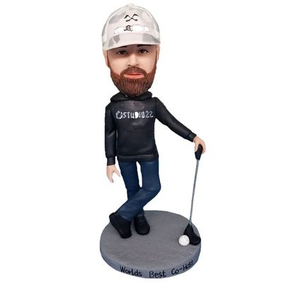 mydedor Custom Bobble Heads Figures Male Golfer with Black T-Shirt Figurines Customized Doll, Handmade Personalized Car Dashboard Gift for Dad Father Husband Businessman Boss Coworker
