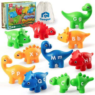 Coogam Matching Letters Fine Motor Toy, 26 PCS Double-Sided ABC Dinosaur Alphabet Match Game with Uppercase Lowercase, Preschool Educational Montessori Learning Toys for Toddlers