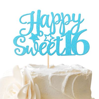 1 Pack Happy Sweet 16 Cake Topper Glitter 16th Birthday Cake Pick for Cheers to 16 Years Old 16th Birthday Party Cake Decorations Supplies Light Blue