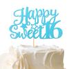 1 Pack Happy Sweet 16 Cake Topper Glitter 16th Birthday Cake Pick for Cheers to 16 Years Old 16th Birthday Party Cake Decorations Supplies Light Blue view 1