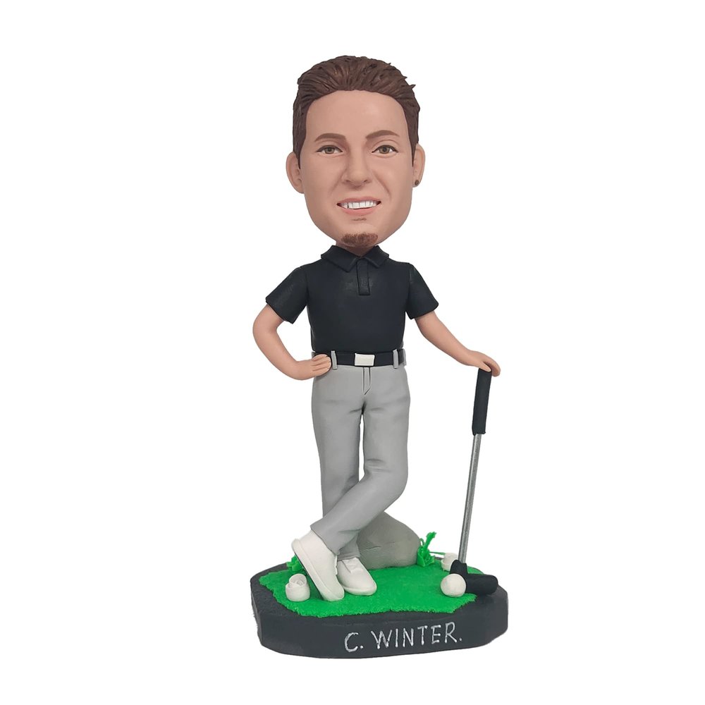 Custom Golfer Bobblehead - Personalized Cheerful Figurine for Men, Made from Your Photo, Smiling Male Golfer with Grey Pants, Handmade Clay Gift for Car Office Home Decor Collectible
