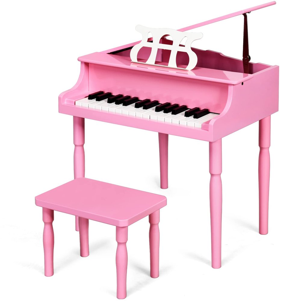Goplus 30-Key Classical Kids Piano, Mini Grand Piano Wooden Learn-to-Play Musical Instrument Toy with Bench, Piano Lid, Music Rack, Gift for Boys Girls Aged 2+ Baby Toddler(4 Straight Leg-Pink)