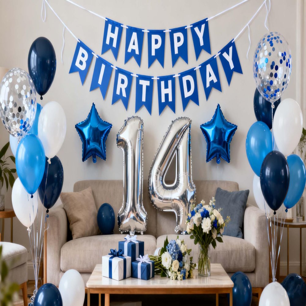 14th Birthday Party Decoration for Boys - Blue 14th Birthday Balloons, Banner, Latex Confetti, Him Son 14 Year Old Decoration Supplies