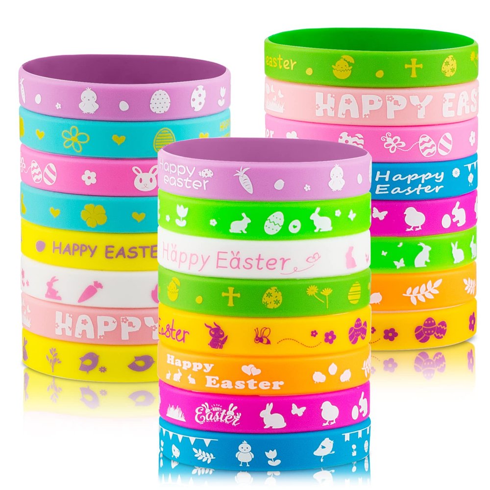 hexiaoxiao 24pcs Easter Rubber Bracelets Silicone Wristbands for Easter Party Favors Supplies Rubber Bracelets for kids&teens Gifts Easter Egg Fillers Gifts for Girls Boys Basket Stuffers Accessories