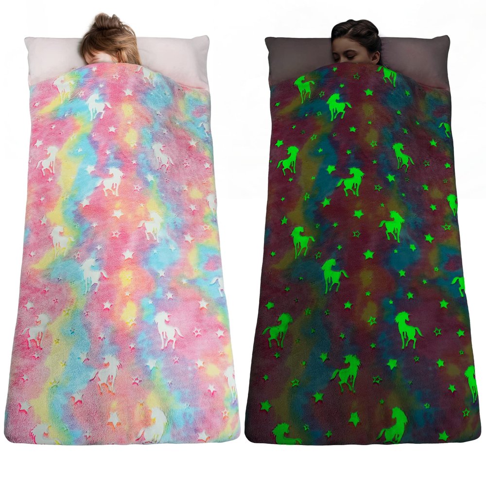 Kids Sleeping Bags, Glow in The Dark Slumber Bag for Kids, Toddler Nap Mat with Pillow and Blanket for Sleepover, Daycare, Preschool (62" x 28") (Unicorn)