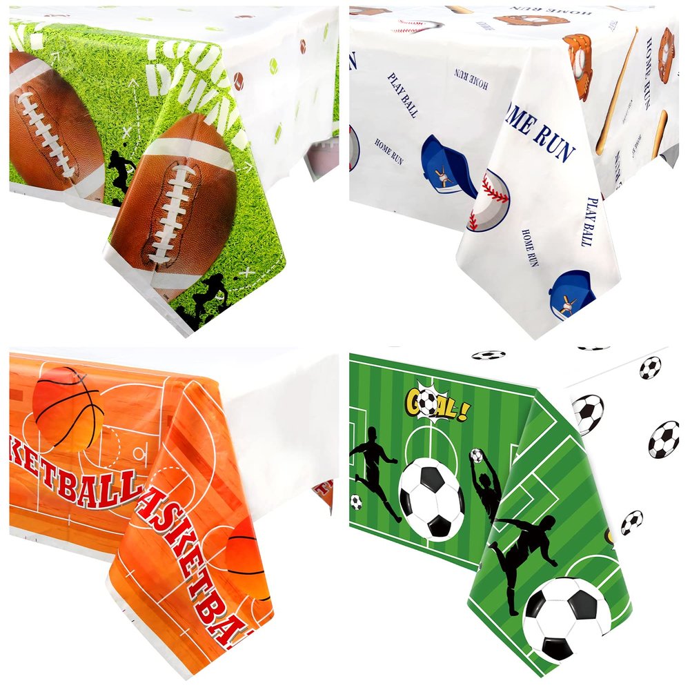 4 Pcs Sports Themed Party Decorations - Baseball Basketball Football Soccer Tablecloth for Sports Birthday Party Supplies, Superstar Ball, Fans Club, Game Day, Table Covers