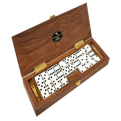 Alex Cramer Le Club Luxury Domino Set with Handcrafted Walnut Case and Cribbage/Counter Top - Tournament Quality 28 Indestructible (Domino Spinner Set with Brass Plate)
