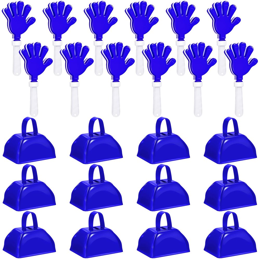 24 Pcs Cheer Cheerleader Cheerleading Items with Metal Cowbells and Hand Clappers Cheering Noise Maker for Soccer Football Basketball Game Sports Events Team Spirit Week Ball Dance Party Favors(Blue)