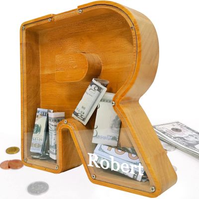 Custom 12" Extra Large Wooden Piggy Bank (Laser Engraved Name), Personalized Piggy Bank for Kids Boys Girls, Alphabet Coin Bank Money Savings Box, Perfect Christmas/Birthday Gift for Grandkids(R)