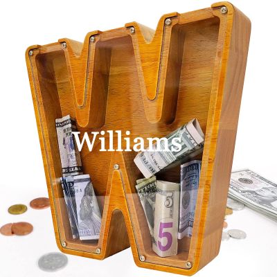 Custom 12" Extra Large Wooden Piggy Bank (Laser Engraved Name), Personalized Piggy Bank for Kids Boys Girls, Alphabet Coin Bank Money Savings Box, Perfect Christmas/Birthday Gift for Grandkids(W)