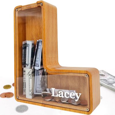 Custom 12" Extra Large Wooden Piggy Bank (Laser Engraved Name), Personalized Piggy Bank for Kids Boys Girls, Alphabet Coin Bank Money Savings Box, Perfect Christmas/Birthday Gift for Grandkids(L)