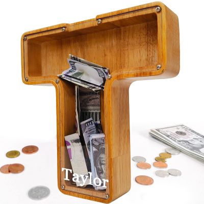 Custom 12" Extra Large Wooden Piggy Bank (Laser Engraved Name), Personalized Piggy Bank for Kids Boys Girls, Alphabet Coin Bank Money Savings Box, Perfect Christmas/Birthday Gift for Grandkids(T)