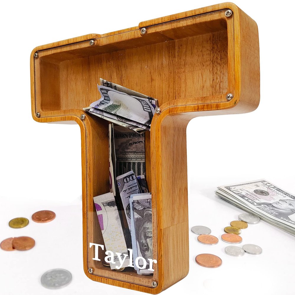 Custom 12" Extra Large Wooden Piggy Bank (Laser Engraved Name), Personalized Piggy Bank for Kids Boys Girls, Alphabet Coin Bank Money Savings Box, Perfect Christmas/Birthday Gift for Grandkids(T)