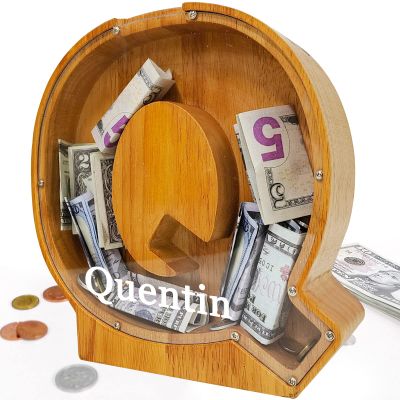 Custom 12" Extra Large Wooden Piggy Bank (Laser Engraved Name), Personalized Piggy Bank for Kids Boys Girls, Alphabet Coin Bank Money Savings Box, Perfect Christmas/Birthday Gift for Grandkids(Q)