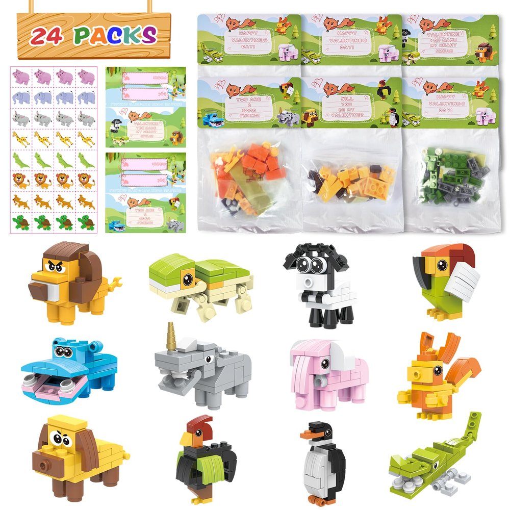 24 Packs Valentines Day Gifts for Kids School, Animal Building Blocks with Valentines Cards for Kids Classroom, Class Gifts Exchange, Party Favors for Kids Boys Girls Friendsine's Greeting Cards