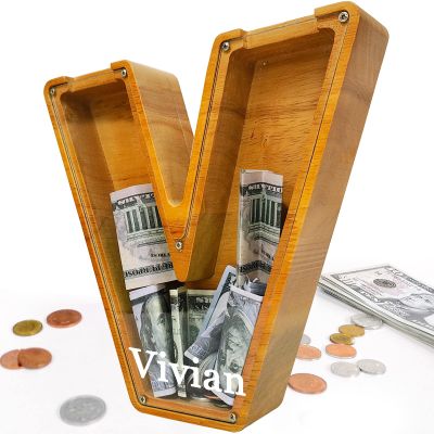Custom 12" Extra Large Wooden Piggy Bank (Laser Engraved Name), Personalized Piggy Bank for Kids Boys Girls, Alphabet Coin Bank Money Savings Box, Perfect Christmas/Birthday Gift for Grandkids(V)