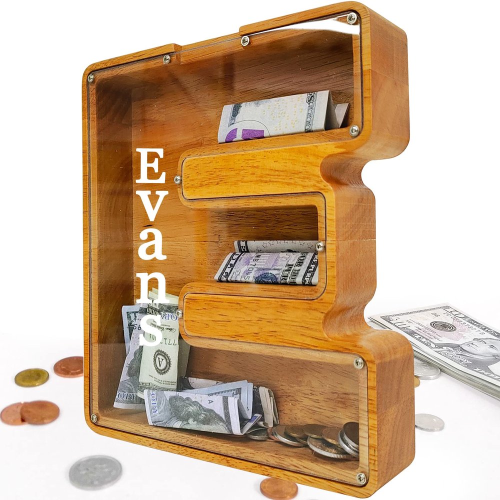 Custom 12" Extra Large Wooden Piggy Bank (Laser Engraved Name), Personalized Piggy Bank for Kids Boys Girls, Alphabet Coin Bank Money Savings Box, Perfect Christmas/Birthday Gift for Grandkids(E)