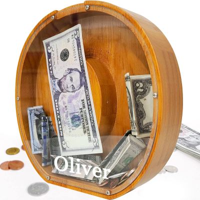 Custom 12" Extra Large Wooden Piggy Bank (Laser Engraved Name), Personalized Piggy Bank for Kids Boys Girls, Alphabet Coin Bank Money Savings Box, Perfect Christmas/Birthday Gift for Grandkids(O)