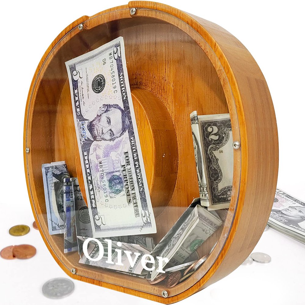 Custom 12" Extra Large Wooden Piggy Bank (Laser Engraved Name), Personalized Piggy Bank for Kids Boys Girls, Alphabet Coin Bank Money Savings Box, Perfect Christmas/Birthday Gift for Grandkids(O)