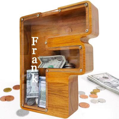 Custom 12" Extra Large Wooden Piggy Bank (Laser Engraved Name), Personalized Piggy Bank for Kids Boys Girls, Alphabet Coin Bank Money Savings Box, Perfect Christmas/Birthday Gift for Grandkids(F)
