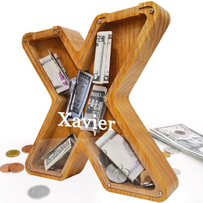 Custom 12" Extra Large Wooden Piggy Bank (Laser Engraved Name), Personalized Piggy Bank for Kids Boys Girls, Alphabet Coin Bank Money Savings Box, Perfect Christmas/Birthday Gift for Grandkids(X)