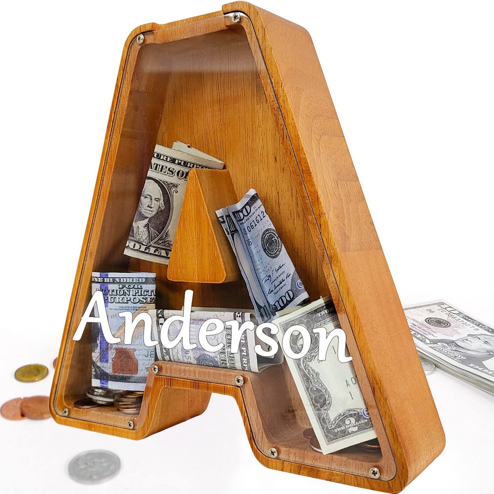 Custom 12" Extra Large Wooden Piggy Bank (Laser Engraved Name), Personalized Piggy Bank for Kids Boys Girls, Alphabet Coin Bank Money Savings Box, Perfect Christmas/Birthday Gift for Grandkids(A)