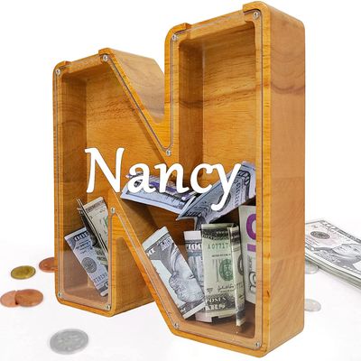 Custom 12" Extra Large Wooden Piggy Bank (Laser Engraved Name), Personalized Piggy Bank for Kids Boys Girls, Alphabet Coin Bank Money Savings Box, Perfect Christmas/Birthday Gift for Grandkids(N)