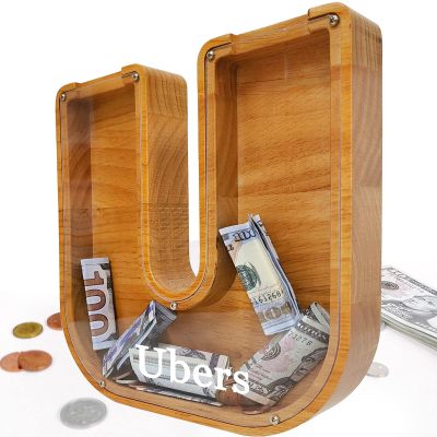 Custom 12" Extra Large Wooden Piggy Bank (Laser Engraved Name), Personalized Piggy Bank for Kids Boys Girls, Alphabet Coin Bank Money Savings Box, Perfect Christmas/Birthday Gift for Grandkids(U)