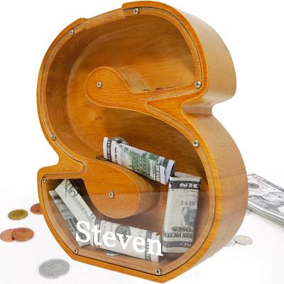 Custom 12" Extra Large Wooden Piggy Bank (Laser Engraved Name), Personalized Piggy Bank for Kids Boys Girls, Alphabet Coin Bank Money Savings Box, Perfect Christmas/Birthday Gift for Grandkids(S)