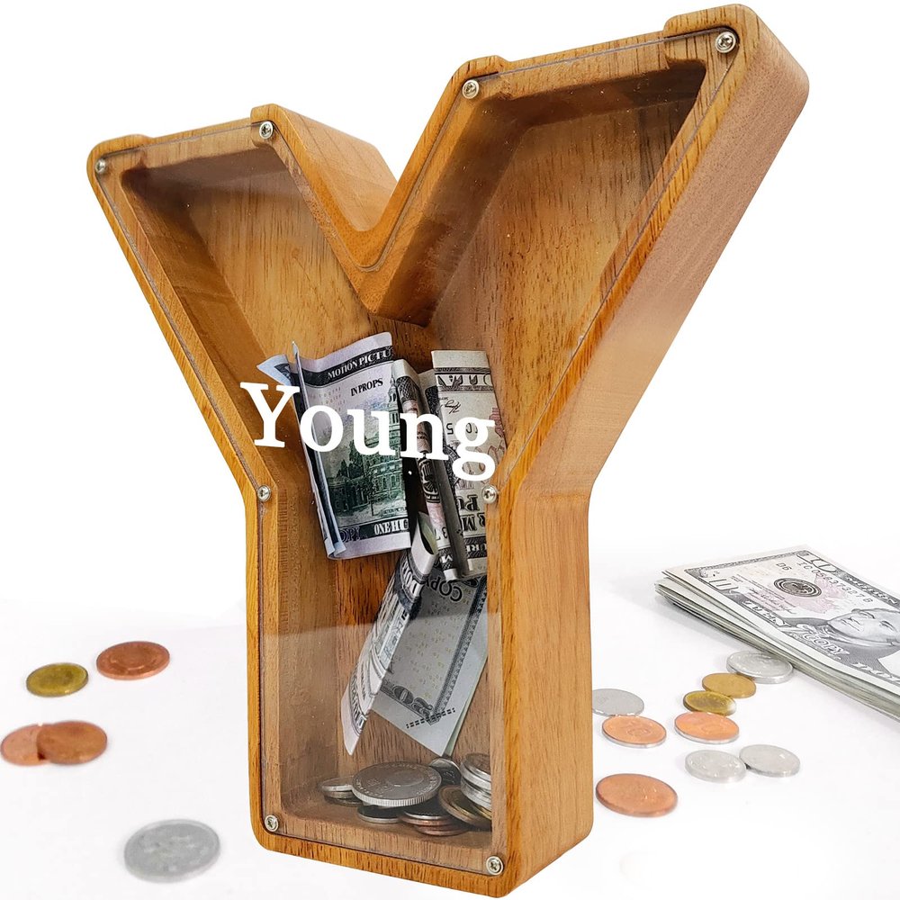 Custom 12" Extra Large Wooden Piggy Bank (Laser Engraved Name), Personalized Piggy Bank for Kids Boys Girls, Alphabet Coin Bank Money Savings Box, Perfect Christmas/Birthday Gift for Grandkids(Y)