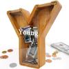 Custom 12" Extra Large Wooden Piggy Bank (Laser Engraved Name), Personalized Piggy Bank for Kids Boys Girls, Alphabet Coin Bank Money Savings Box, Perfect Christmas/Birthday Gift for Grandkids(Y) view 1